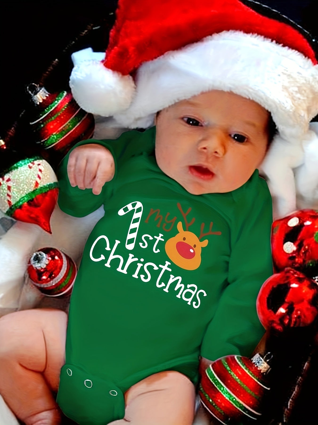 My 1st Christmas" Cute Long-Sleeve Onesie for Boys & Girls - Cozy Polyester, Festive Letter Print, Perfect for Fall/Winter, Perfect for Outdoor