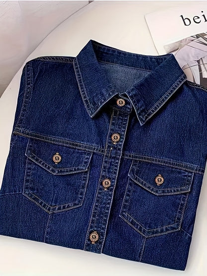 Classic Long Sleeve Denim Shirt - Casual Washed Blue, Button-Fly with Flap Pockets, Women's Everyday Comfortable Denim Apparel
