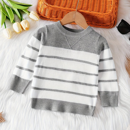 Baby Boys Comfortable & Casual Grey And White Striped Crew Neck Knitted Sweater For Outing Activities