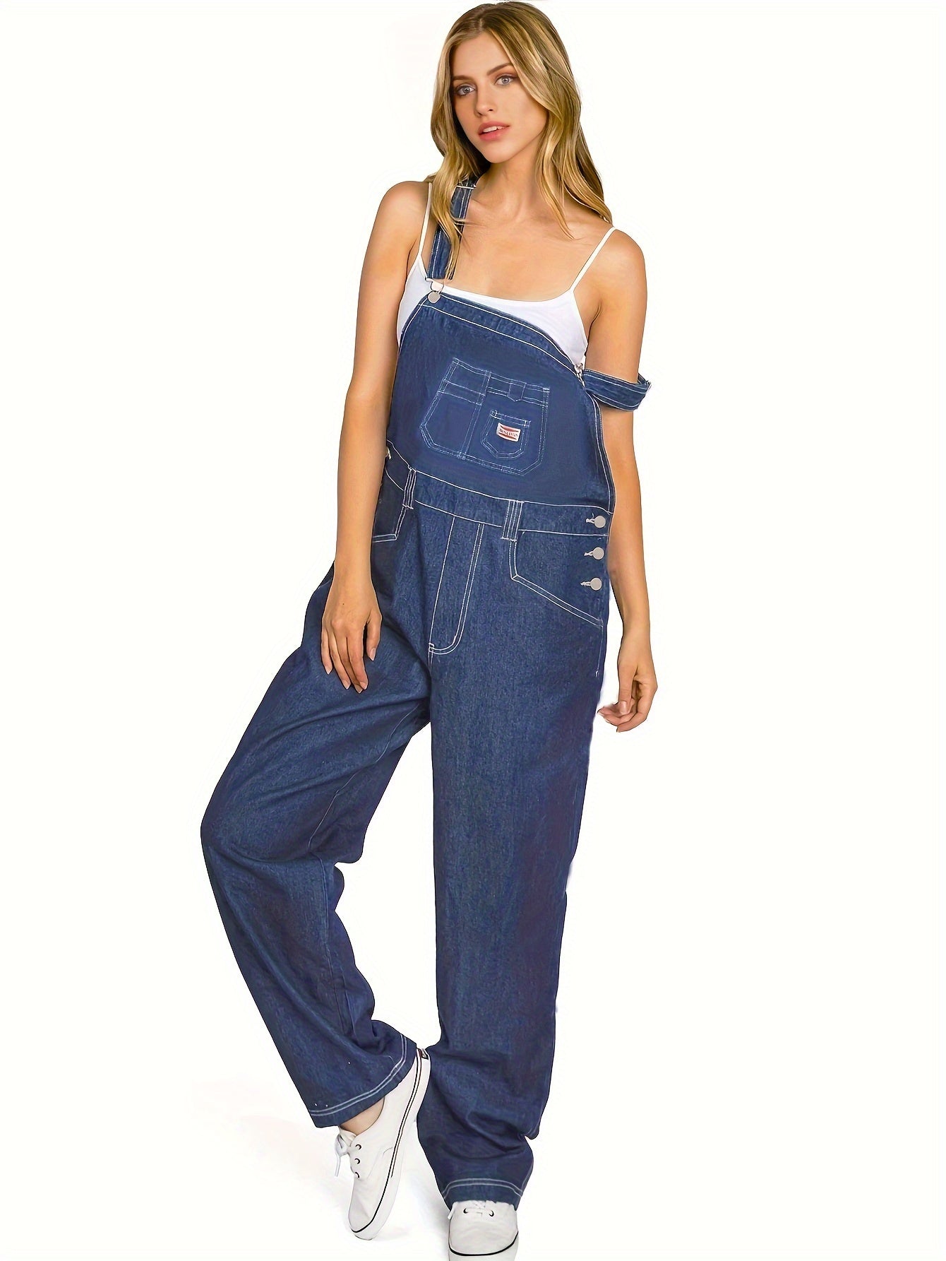 Plain Loose Fit Streetwear Adjustable Strap Contrast Seam Stitching Denim Overalls Dungarees, Women's Denim Jeans & Clothing