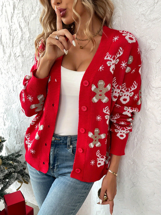 Cozy Christmas Pattern Button Down Knit Cardigan - Elegant V Neck, Long Sleeve, Soft Sweater for Women - Perfect for Winter Holiday Party, Casual Daily Wear, and Gift Giving