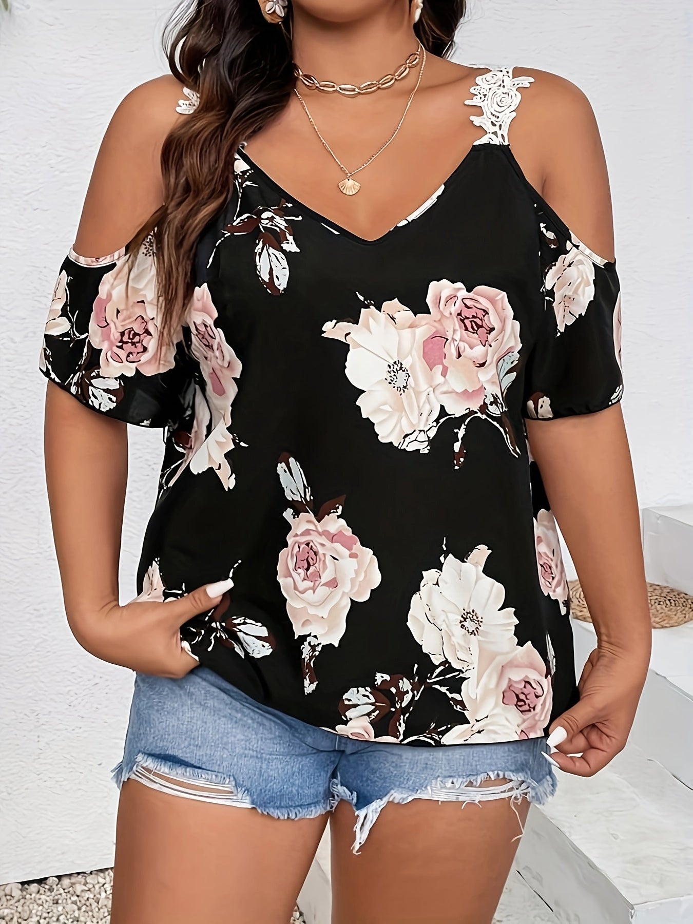 Plus Size Elegant V Neck Floral Print Blouse - Chic Guipure Lace Details, Slight Stretch Polyester Fabric, Perfect for Spring and Summer Vacation - Womens Stylish Shirting