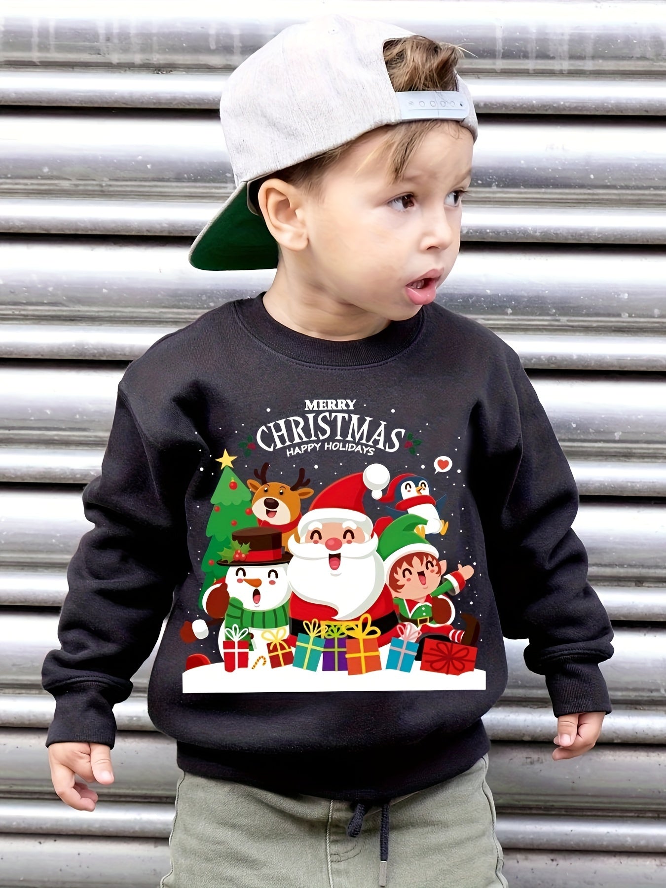 Boys' Cozy Fleece-Lined Christmas Sweatshirt with Santa & Friends Print - Casual Long Sleeve Pullover for Fall/Winter