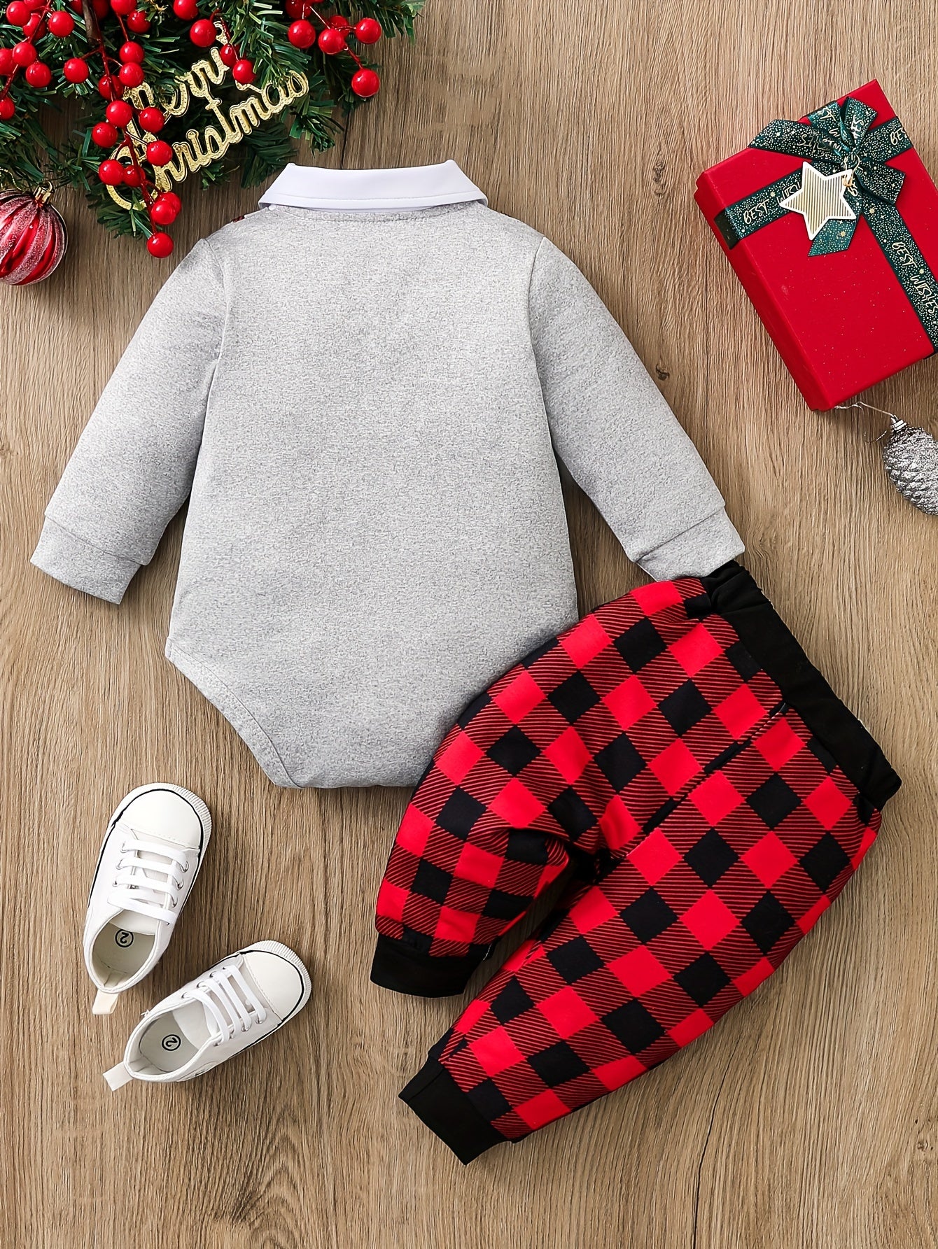 Christmas Baby Boy 2-Piece Outfit - Cute Santa Claus Pattern Long Sleeve Collar Onesie And Plaid Pants Set, Fall/Winter