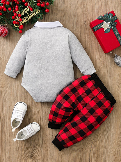 Christmas Baby Boy 2-Piece Outfit - Cute Santa Claus Pattern Long Sleeve Collar Onesie And Plaid Pants Set, Fall/Winter