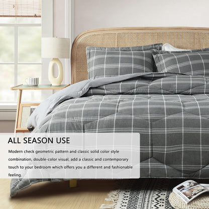 3 Pieces Reversible Quilted Comforter Set, Cationic Dyeing Comforter with Contemporary Plaid Pattern, Preppy Bedding Sets-Include 1 Comforter, 2 Pillow Shams for Bedroom