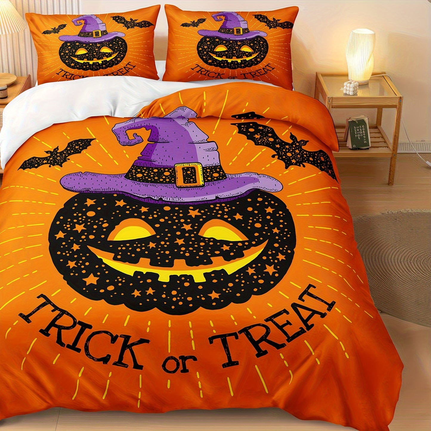 Halloween & Ghost Themed Duvet Cover Set, 3 Piece - 100% Polyester Lightweight Sanded Fabric, All-Season Digital Printed Bedding with Zipper Closure - Includes 1 Duvet Cover and 2 Pillowcases, Machine Washable, No Duvet Insert