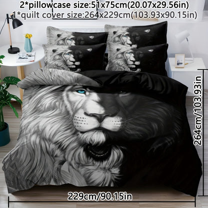 3-Piece Black & White Lion Print Duvet Cover Set - Luxuriously Soft & Hypoallergenic, Wrinkle-Resistant Bedding for Bedrooms, Guest Rooms, and Dorms - Includes 1 Duvet Cover + 2 Pillowcases, No Inner Core Needed, Easy Care