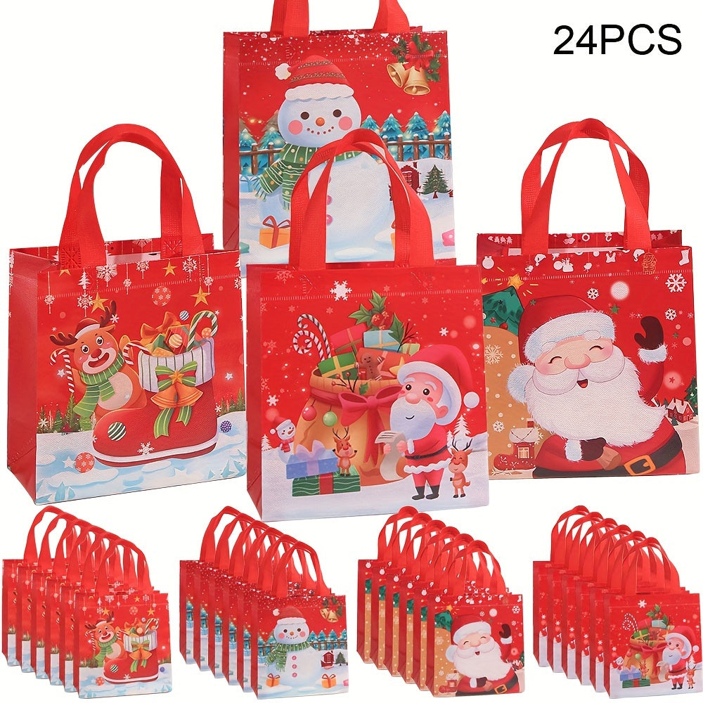 24pcs Foldable Polypropylene Christmas Gift Bags Set with Santa, Reindeer, Snowman Prints for Party Favors, Retail Shopping, and Birthday Presents