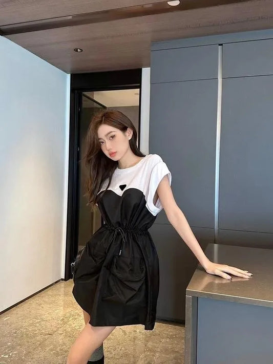 European fashion women o-neck short sleeve color block triangle logo appliqued designer loose palazzo pockets drawstring dress LXLXXL3XL