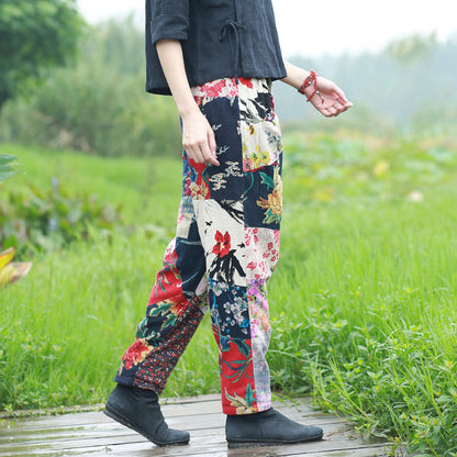 FLOWERSVERSE  Cotton and Linen Women's Ethnic Print Stitching Trousers Cotton Lining Skinny Pants Loose Casual Pants Factory Price Wholesale