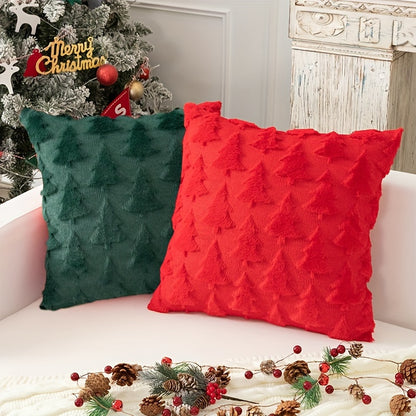 Set of 2 Festive Faux Fur Christmas Throw Pillow Covers - Soft, Traditional Style, Pine Tree Pattern, Machine Washable, Zippered, Polyester Woven, Sofa and Bedroom Decor - Easy Care, Durable, and Cozy Winter Accent