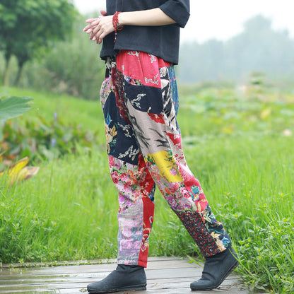 FLOWERSVERSE  Cotton and Linen Women's Ethnic Print Stitching Trousers Cotton Lining Skinny Pants Loose Casual Pants Factory Price Wholesale