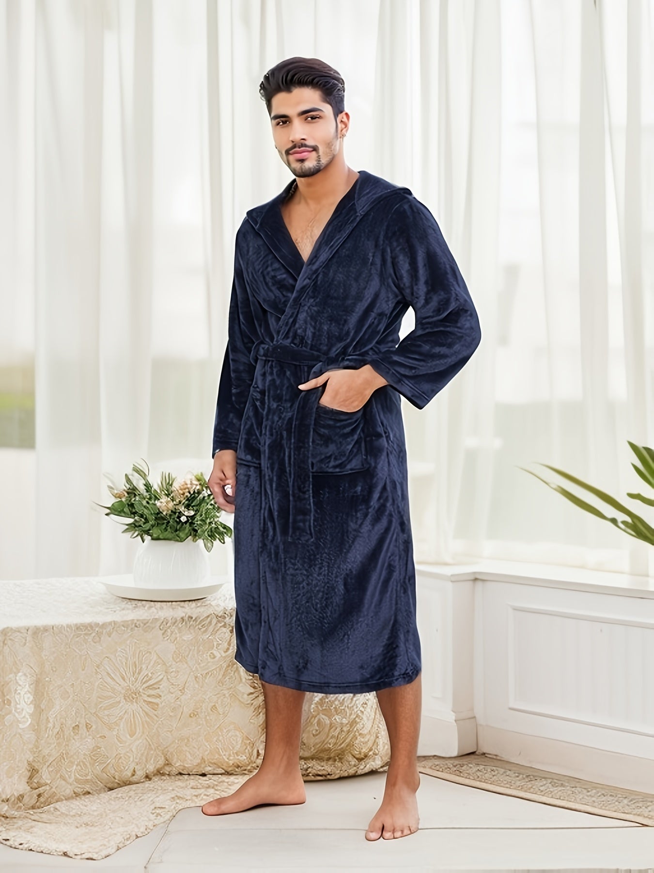 Men's Elegant Solid Fleece Hooded Bathrobe, Plush Flannel Robe With Pockets, All-Season Casual Lounge Robe