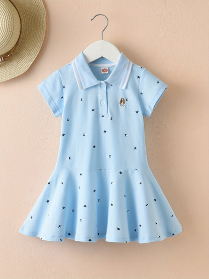 Girls' Summer Sporty Cotton Dress - Embroidered Stars, Polo Collar, Flared Ruffle Hem