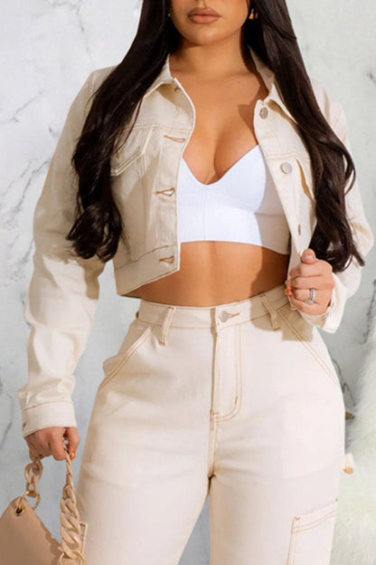 flowersverse flowersverse - Apricot Casual Solid Patchwork Buckle Turndown Collar Long Sleeve Straight Denim Jacket