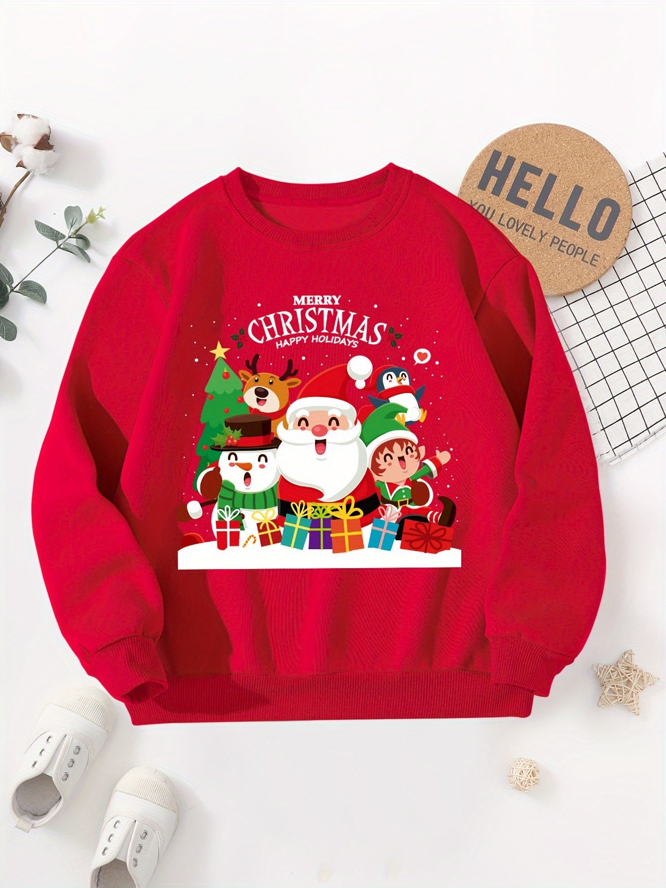 Boys' Cozy Fleece-Lined Christmas Sweatshirt with Santa & Friends Print - Casual Long Sleeve Pullover for Fall/Winter