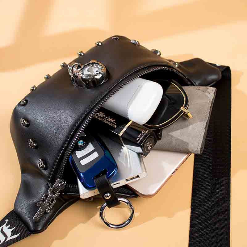 FLOWERSVERSE New Trendy Chest Bag Men's Messenger Bag Korean Style Pu Shoulder Crossbody Bag Skull Personality Waist Bag Cross-Border