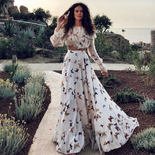 FLOWERSVERSE Cross-border new 2025 Internet celebrities ins butterfly print two-piece bohemian big skirt beach dress