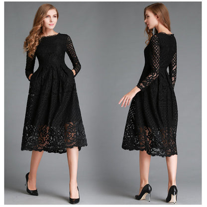 Popular trade autumn new women's dress round neck hollow simple lace long sleeve slim fit medium and long dress