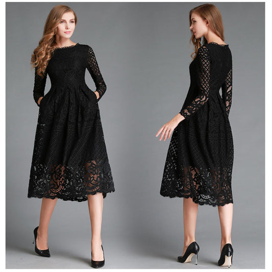 Popular trade autumn new women's dress round neck hollow simple lace long sleeve slim fit medium and long dress