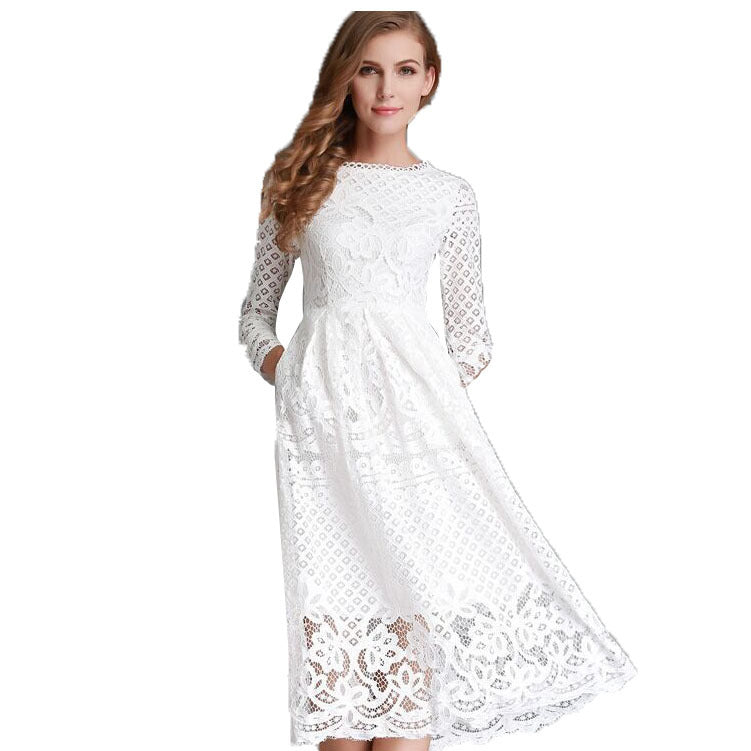 Popular trade autumn new women's dress round neck hollow simple lace long sleeve slim fit medium and long dress