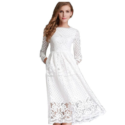 Popular trade autumn new women's dress round neck hollow simple lace long sleeve slim fit medium and long dress