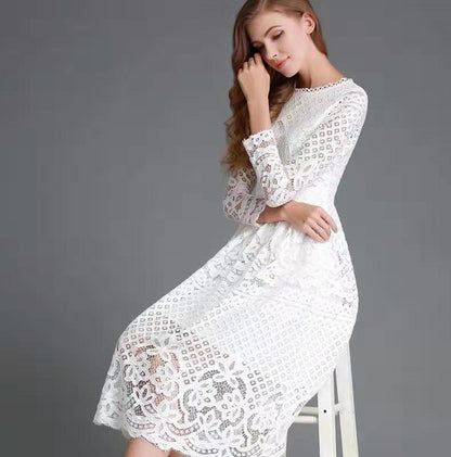 Popular trade autumn new women's dress round neck hollow simple lace long sleeve slim fit medium and long dress