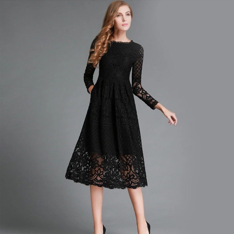 Popular trade autumn new women's dress round neck hollow simple lace long sleeve slim fit medium and long dress