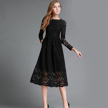 Popular trade autumn new women's dress round neck hollow simple lace long sleeve slim fit medium and long dress