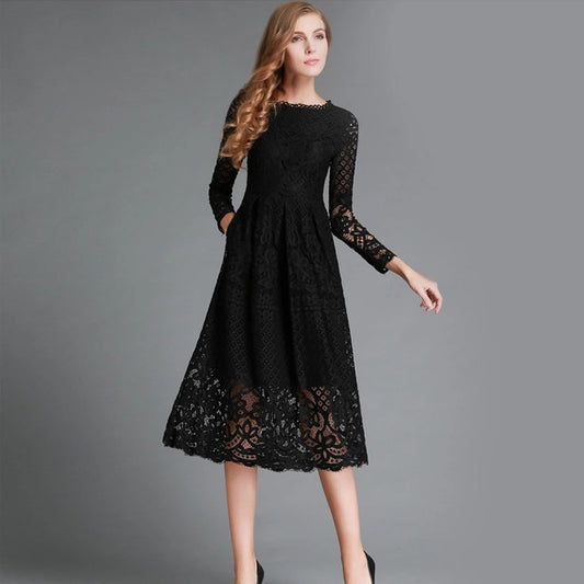 Popular trade autumn new women's dress round neck hollow simple lace long sleeve slim fit medium and long dress