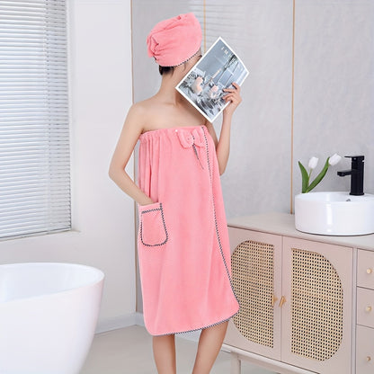 2pcs Stylish Wearable Bath Towel Set - Ultra-Absorbent Skirted Towel with Pockets, Bow Decor Wrap & Water-Resistant Shower Cap - Perfect Bathroom Accessories for Womens Relaxing Spa Days