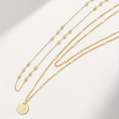 1pc Three-Layer Fashion Personality Round Piece Pendant Ladies Necklace Set, Minimalist Personality Cool Versatile Clavicle Chain Neck Chain Jewelry