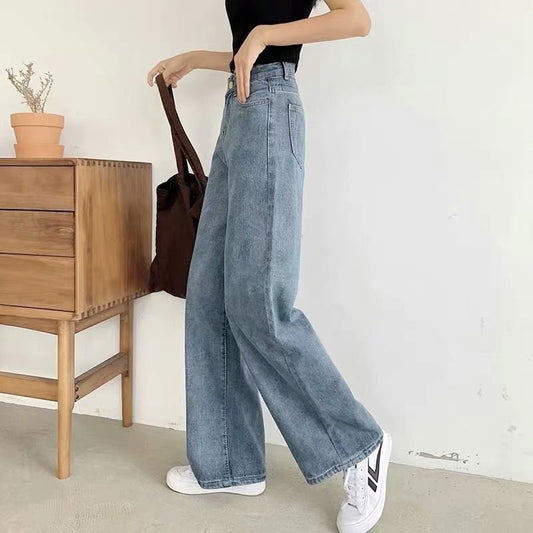 flowersverse Women's Wide-Leg Jeans Loose  Autumn and Winter New Hong Kong Style Retro High Waist Drooping Chic Straight Mopping Pants