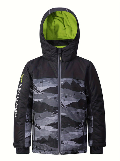 Boys' Stylish Snow Mountain Windbreaker Jacket - Snow Suits for Kids with Fleece Lining, Hood, Long Sleeve, Zip-Up, Waterproof, and Professional Ski Features - Perfect for Winter Outdoor Activities