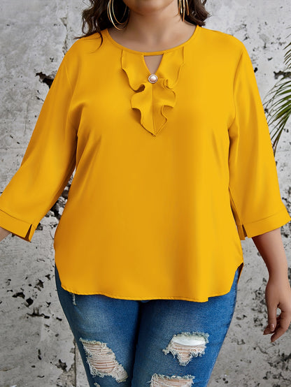 Plus Size Solid Ruffle Blouse, Elegant Crew Neck 3/4 Sleeve Blouse For Spring, Women's Plus Size Clothing