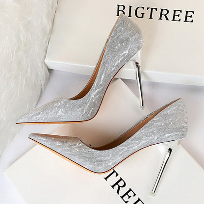 2025 1829-1  high heels women's shoes thin heels high heels light mouth pointed sequins sexy and thin nightclub single shoes wedding shoes