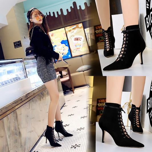 FLOWERSVERSE 2025 83189-2  fashion and sexy nightclubs show thin high-heeled suede pointed lace-up cross-strap hollow short boots