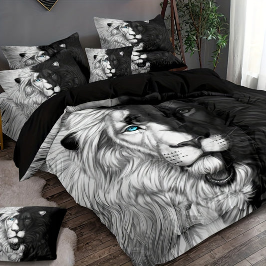 3-Piece Black & White Lion Print Duvet Cover Set - Luxuriously Soft & Hypoallergenic, Wrinkle-Resistant Bedding for Bedrooms, Guest Rooms, and Dorms - Includes 1 Duvet Cover + 2 Pillowcases, No Inner Core Needed, Easy Care