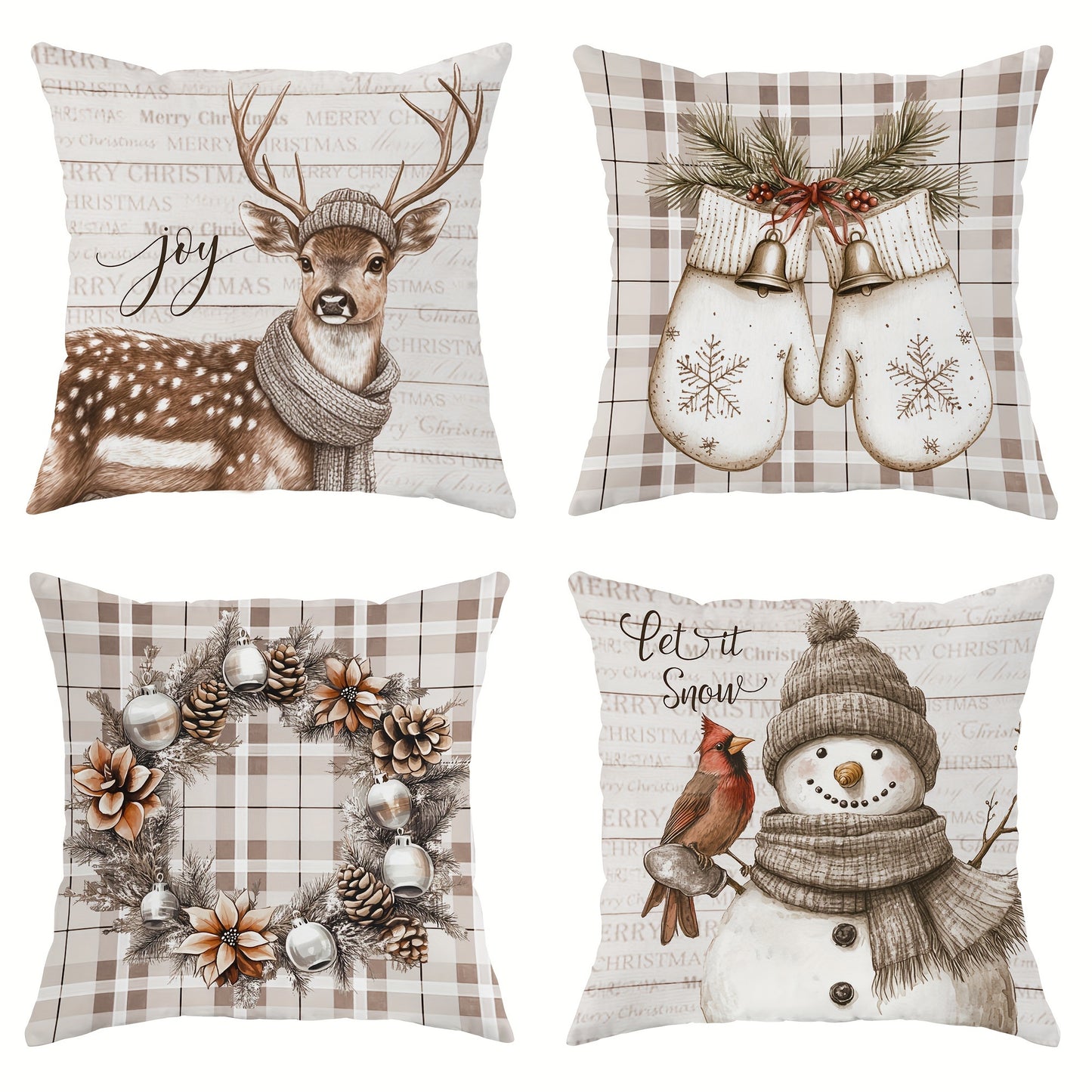 Set of 4 Christmas Velvet Throw Cushion Covers with Snowman, Deer, and Wreath Designs, Contemporary One-Sided Print Decorative Case for Farmhouse Sofa and Living Room Decor, Zipper Closure, Machine Washable - Without Inserts