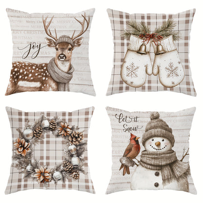 Set of 4 Christmas Velvet Throw Cushion Covers with Snowman, Deer, and Wreath Designs, Contemporary One-Sided Print Decorative Case for Farmhouse Sofa and Living Room Decor, Zipper Closure, Machine Washable - Without Inserts