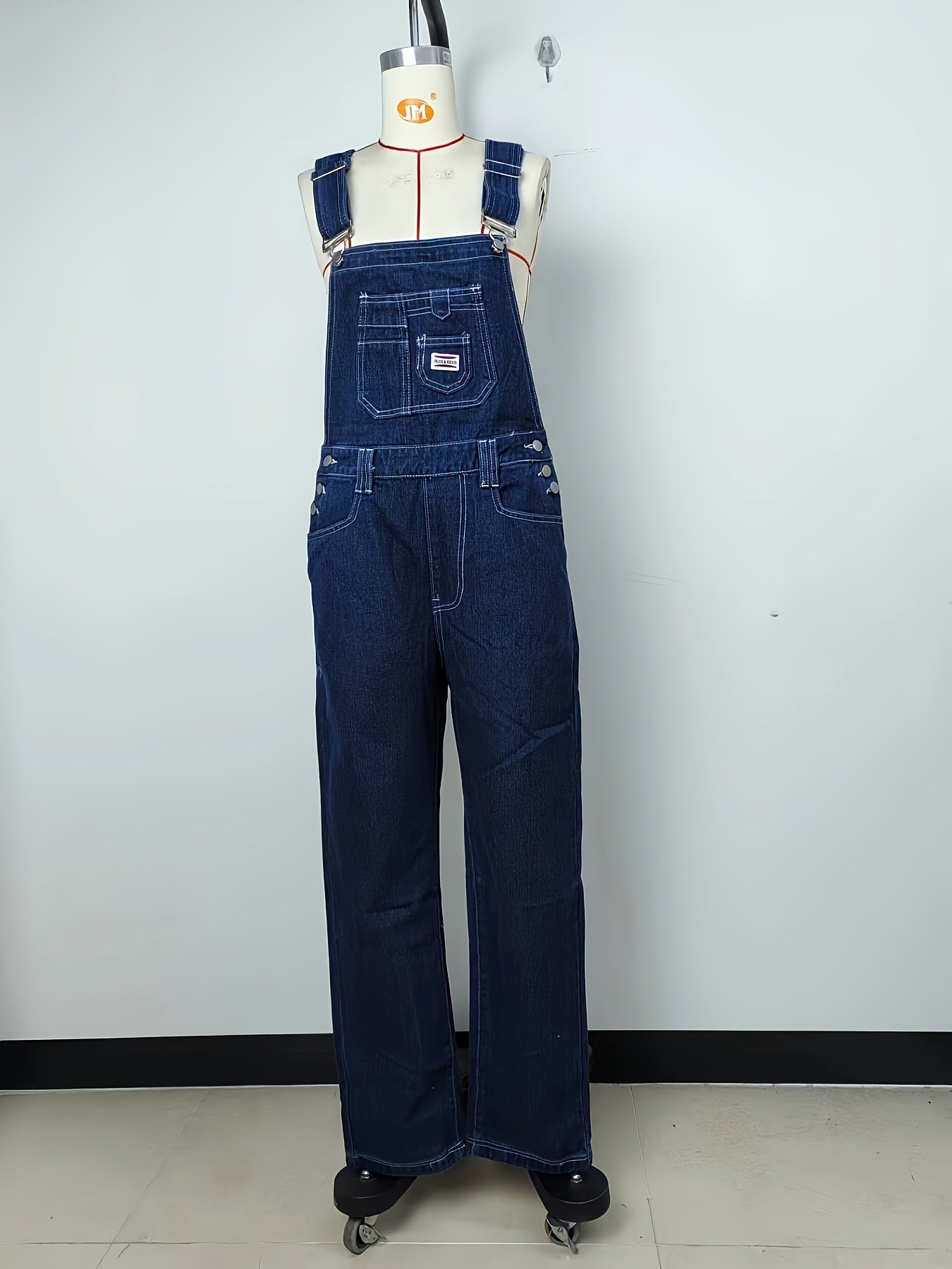 Plain Loose Fit Streetwear Adjustable Strap Contrast Seam Stitching Denim Overalls Dungarees, Women's Denim Jeans & Clothing