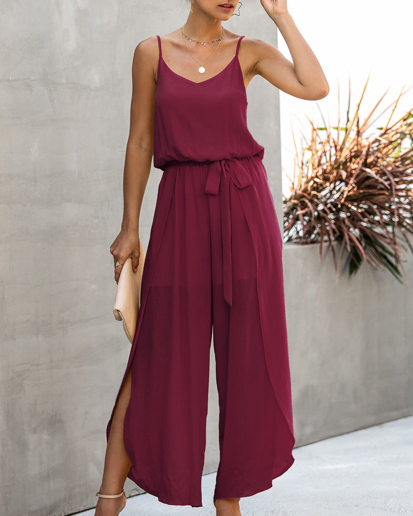 FLOWERSVERSE  New  Summer Fashion V-neck Strap Wide Leg Side Slit Women's Jumpsuit 600237