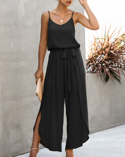 FLOWERSVERSE  New  Summer Fashion V-neck Strap Wide Leg Side Slit Women's Jumpsuit 600237