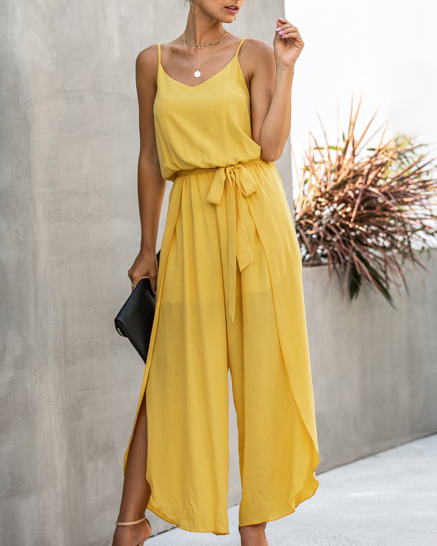 FLOWERSVERSE  New  Summer Fashion V-neck Strap Wide Leg Side Slit Women's Jumpsuit 600237