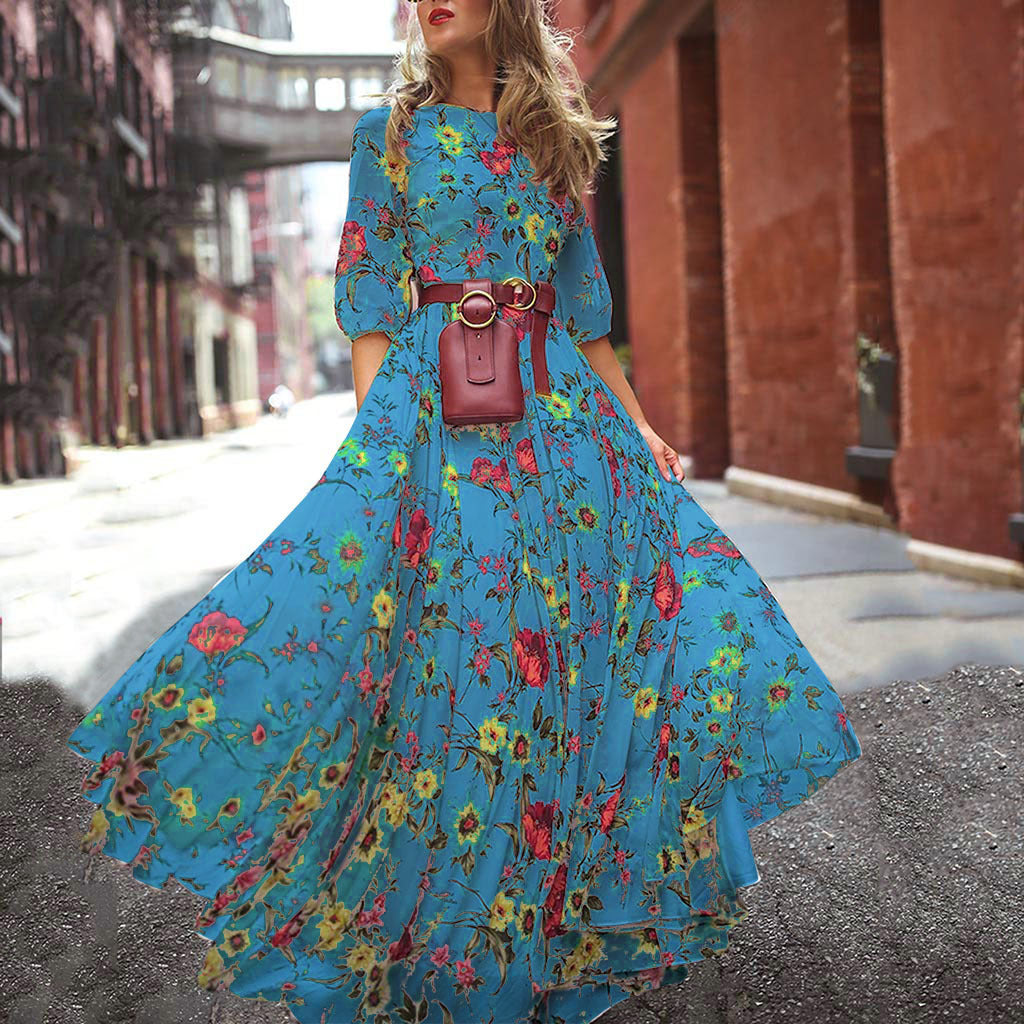 FLOWERSVERSE Cross-border new 2025 women's clothing print , bohemian vacation style print big pendulum dress