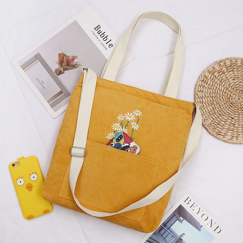 FLOWERSVERSE  Little Daisy Corduroy Women's One-Shoulder Canvas Bag Artistic Student Make-up Bag Casual College Style Messenger Shopping Bag