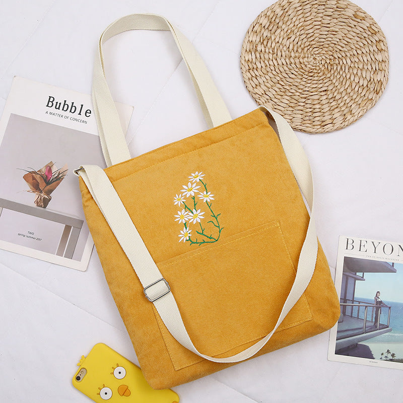 FLOWERSVERSE  Little Daisy Corduroy Women's One-Shoulder Canvas Bag Artistic Student Make-up Bag Casual College Style Messenger Shopping Bag