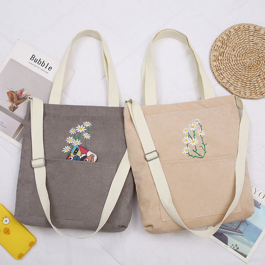 FLOWERSVERSE  Little Daisy Corduroy Women's One-Shoulder Canvas Bag Artistic Student Make-up Bag Casual College Style Messenger Shopping Bag