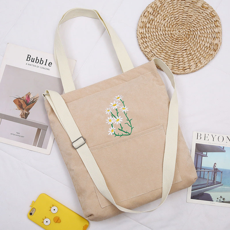 FLOWERSVERSE  Little Daisy Corduroy Women's One-Shoulder Canvas Bag Artistic Student Make-up Bag Casual College Style Messenger Shopping Bag